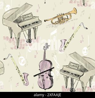 hand drawn seamless pattern of musical instruments. Stock Vector