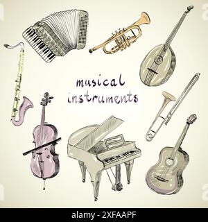 hand drawn set of classical musical instruments Stock Vector