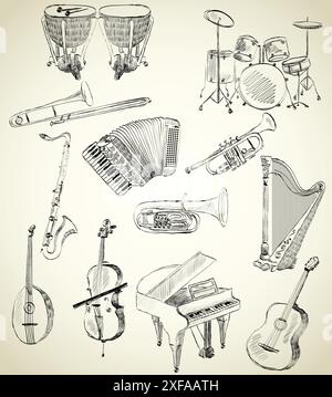 hand drawn set of classical musical instruments Stock Vector