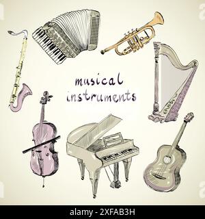 hand drawn set of classical musical instruments Stock Vector