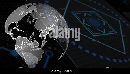 Image of spinning globe and scope over round scanner and microprocessor connections Stock Photo