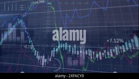 Image of financial and statistical data processing against aerial view of cityscape Stock Photo