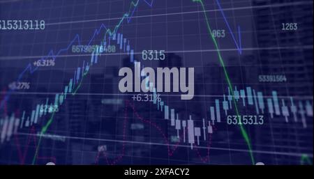 Image of changing numbers and financial data processing against aerial view of cityscape Stock Photo