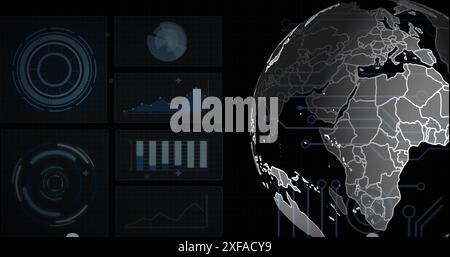 Image of spinning globe over round scanners, microprocessor connections and data processing Stock Photo