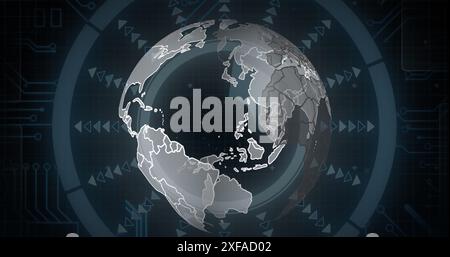 Image of spinning globe over round scanner and microprocessor connections on black background Stock Photo