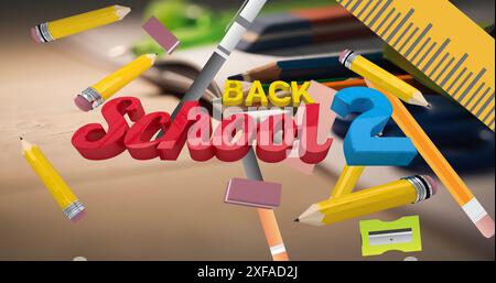 Image of back to school text and pencil erasor icons aganst close up of pencils and books Stock Photo