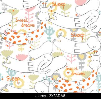 Cartoon Sleeping animals. Cute Hand Drawn seamless pattern Stock Vector