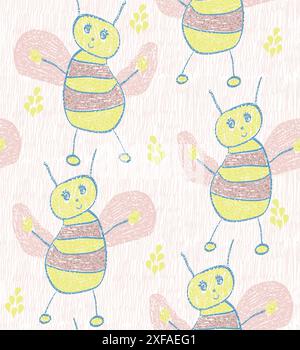 children's sketch of bees seamless pattern background Stock Vector