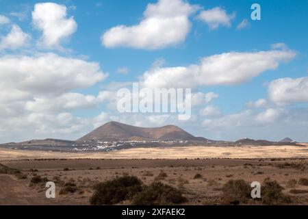 Dry soil with many stones and rocks and some small dry vegetation. View on the town Teguise in the background. Blue sky with white clouds. Lanzarote, Stock Photo