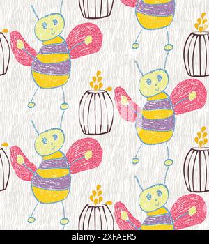 children's sketch of bees seamless pattern background Stock Vector