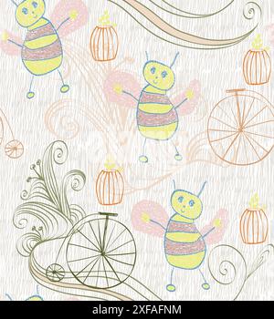 children's sketch of bees seamless pattern background Stock Vector