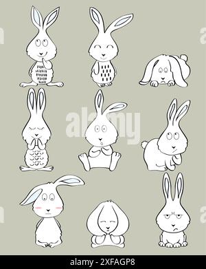 Set of cartoon rabbits with various emotions. Stock Vector