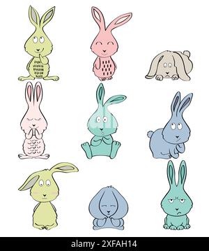 Set of cartoon rabbits with various emotions. Stock Vector