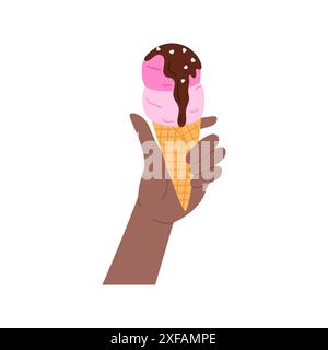 Hand holding waffle cone with soft pink ice cream scoops and chocolate dripping sauce vector illustration Stock Vector