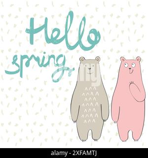 Hello spring. Greeting card with bears in vector. Stock Vector