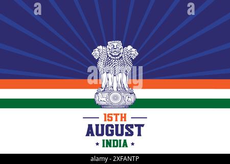 Commemorate India's Independence with this vibrant vector featuring iconic symbols like Ashoka Chakra and Lion Capital set against tricolors that evok Stock Vector