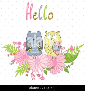 Card with cartoon owls in bright colors. Stock Vector