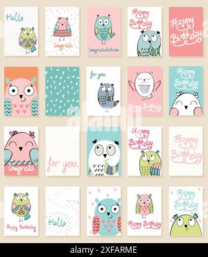 Collection of cute artistic cards for kids. Funny owls in vector. Greeting card for birthday. Stock Vector