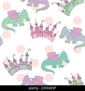 Vector background with castle and cartoon dragons. Seamless pattern can be used for wallpapers, pattern fills, web page backgrounds,surface textures Stock Vector