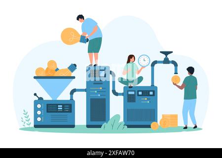 Business idea monetization, tech startup. Tiny people make money, monetize creative idea with funnel pipe machine, throw light bulbs into filter to convert into coins cartoon vector illustration Stock Vector