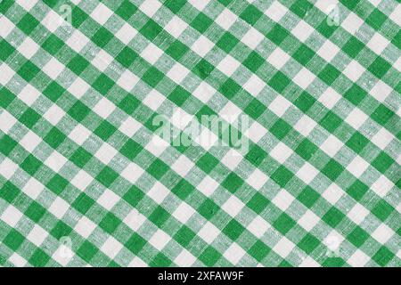 Natural Linen Country Plaid Tartan Kitchen Fabric Material Abstract Check Texture Background Texture, Green And White. Flannel Tartan Patterns. Trendy Stock Photo