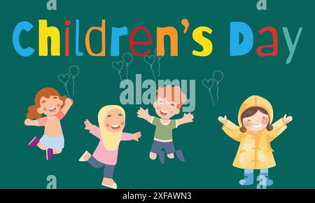 children's Day Background poster with a group of cute kids jumping. Stock Vector