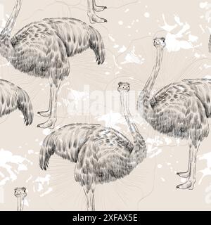 Vector sketch ostrich on the beige background. Seamless pattern Stock Vector