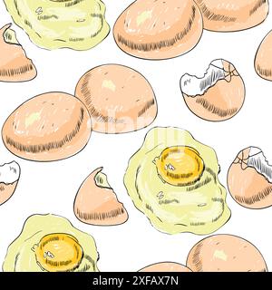 Hand drawn scrambled chicken eggs. Rural bird farming. Seamless pattern Stock Vector