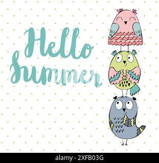 Hello summer. Greeting card with funny owls in vector. Stock Vector