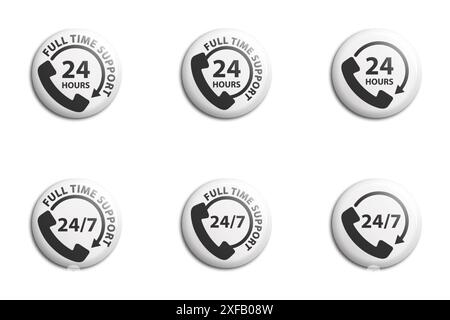 Telephone 24 hours support icon. Set of all-day customer support call-center icons. Full time call services. Flat vector illustration Stock Vector