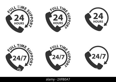 Telephone 24 hours support icon. Set of all-day customer support call-center icons. Full time call services. Flat vector illustration. Stock Vector