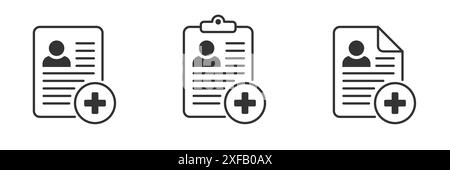 Medical card icon. Insurance card. Medical record, diagnosis. Add file. Profile symbol. Document. Vector illustration. Stock Vector