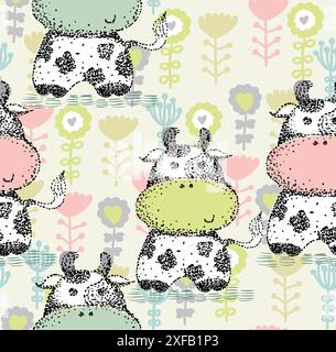 vector art seamless pattern with cartoon cow. Stock Vector