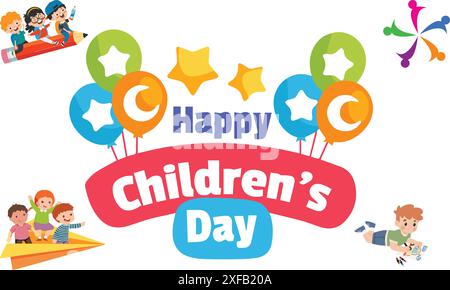 Happy Children's Day Colorful Card. Children's Day Title With Balloons. Stock Vector