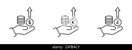 Pictograph of money in hand. Money growth icon. Coins in the hand. Dollar, euro, pound sterling symbols. Business icon. Linear vector illustration. Stock Vector