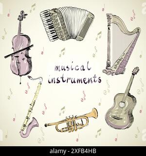 hand drawn set of classical musical instruments Stock Vector