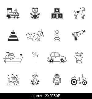 Toy icon set. Outline toy collection. Isolated on a white background. Flat vector illustration. Stock Vector