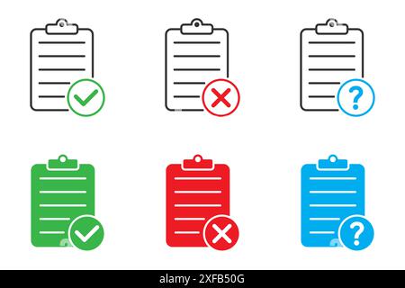 Document icon set with question mark, checkmark, and cross sign symbol. Paper icon. Flat vector illustration. Stock Vector