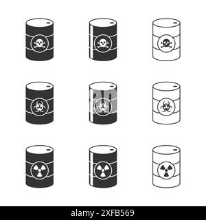 Barrels of Toxic, Biohazard and Radioactive waste. Flat vector illustration. Stock Vector