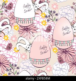 Bunny rabbit with Easter eggs surrounded by flowers Stock Vector