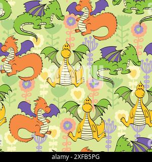 Vector background with flowers and cartoon dragons. Seamless pattern ...