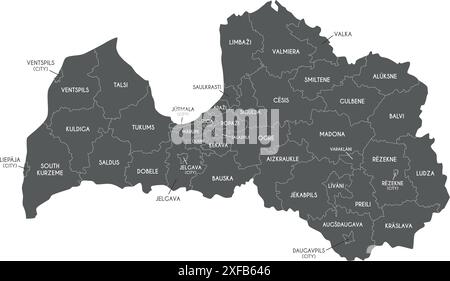 Vector regional map of Latvia with state cities and municipalities, and administrative divisions. Editable and clearly labeled layers. Stock Vector