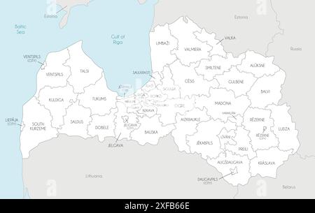 Vector regional map of Latvia with state cities and municipalities and administrative divisions, and neighbouring countries and territories. Editable Stock Vector