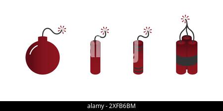 Dynamyte and bomb icon set. Red color. Bomb with lit fuse sign collection. Flat vector illustration. Stock Vector