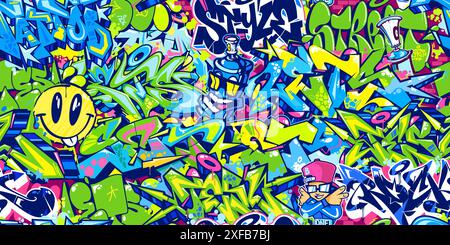 Cool Seamless Colorful Abstract Urban Style Hiphop Graffiti Street Art Pattern Vector Background. Vector illustration Stock Vector