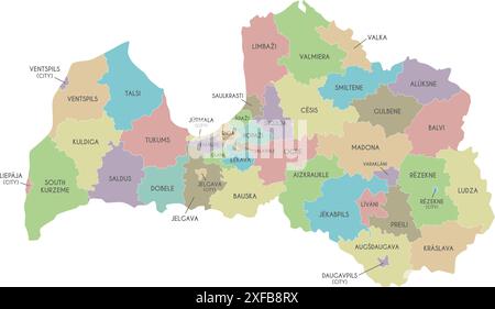 Vector regional map of Latvia with state cities and municipalities, and administrative divisions. Editable and clearly labeled layers. Stock Vector