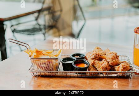 Delicious spicy wings with french fries served on wooden table with copy space. Spicy chicken wings with french fries served on table with space for Stock Photo