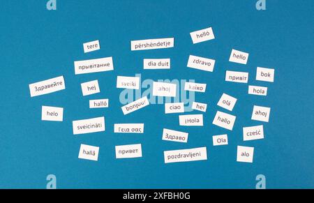 European languages, word hello in different language spoken in Europe, concept of multilingual business and community, multilingualism in the EU Stock Photo