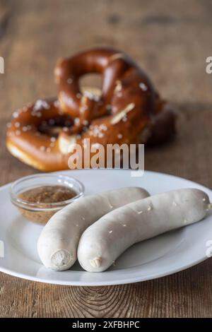 Bavarian white sausages on wood Stock Photo