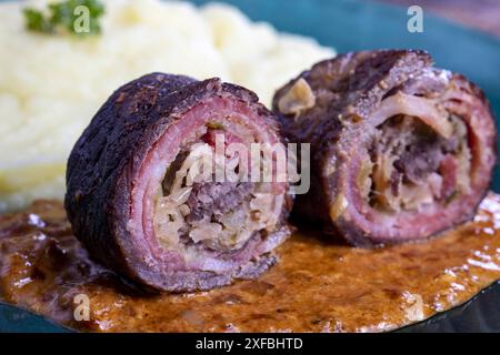 German meat roulade with mashed potatoes Stock Photo